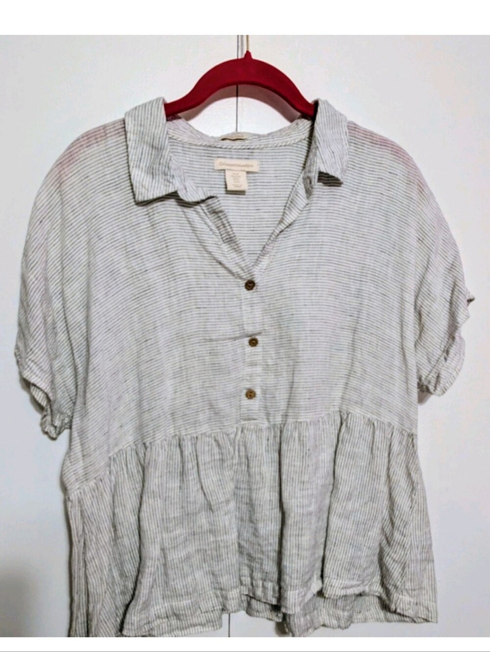 Catherine Malandrino Light Gray Striped Peplum Button-Down Top